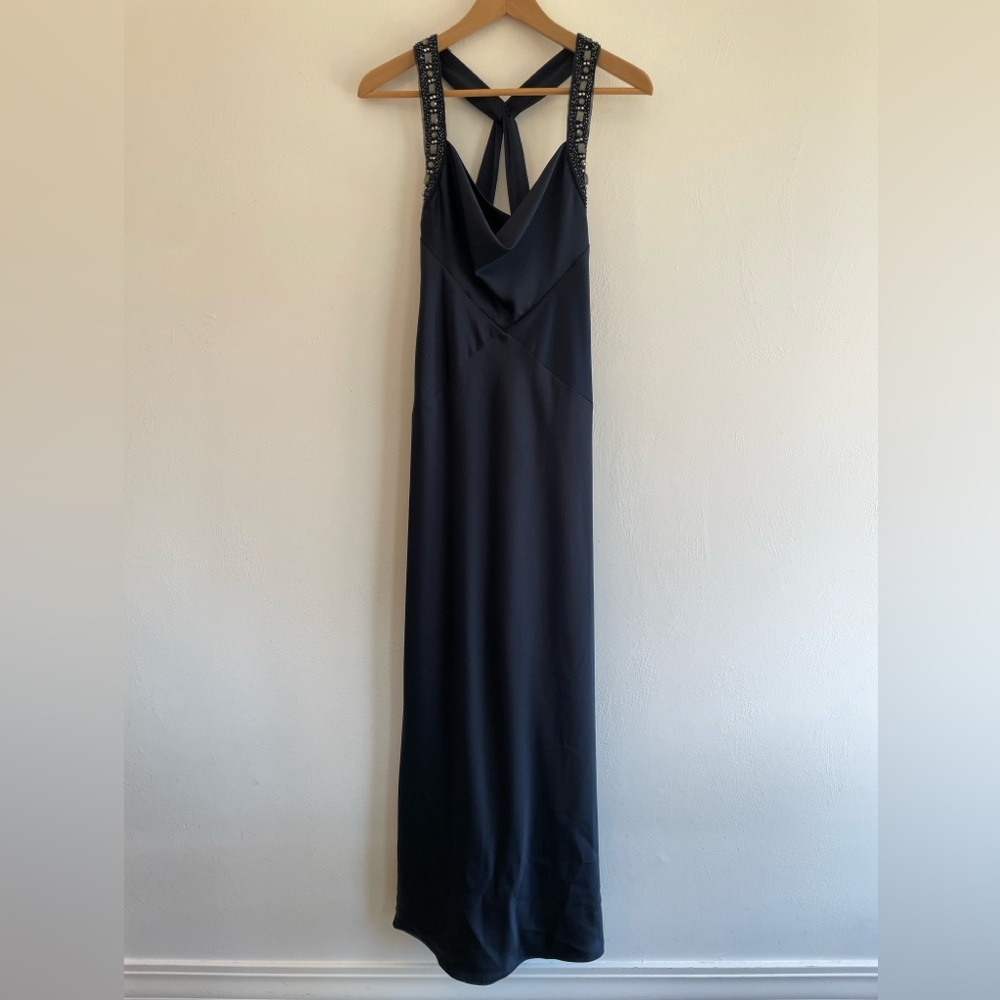 BCBG MaxAzria Navy Silk Maxi Gown With Beaded Details